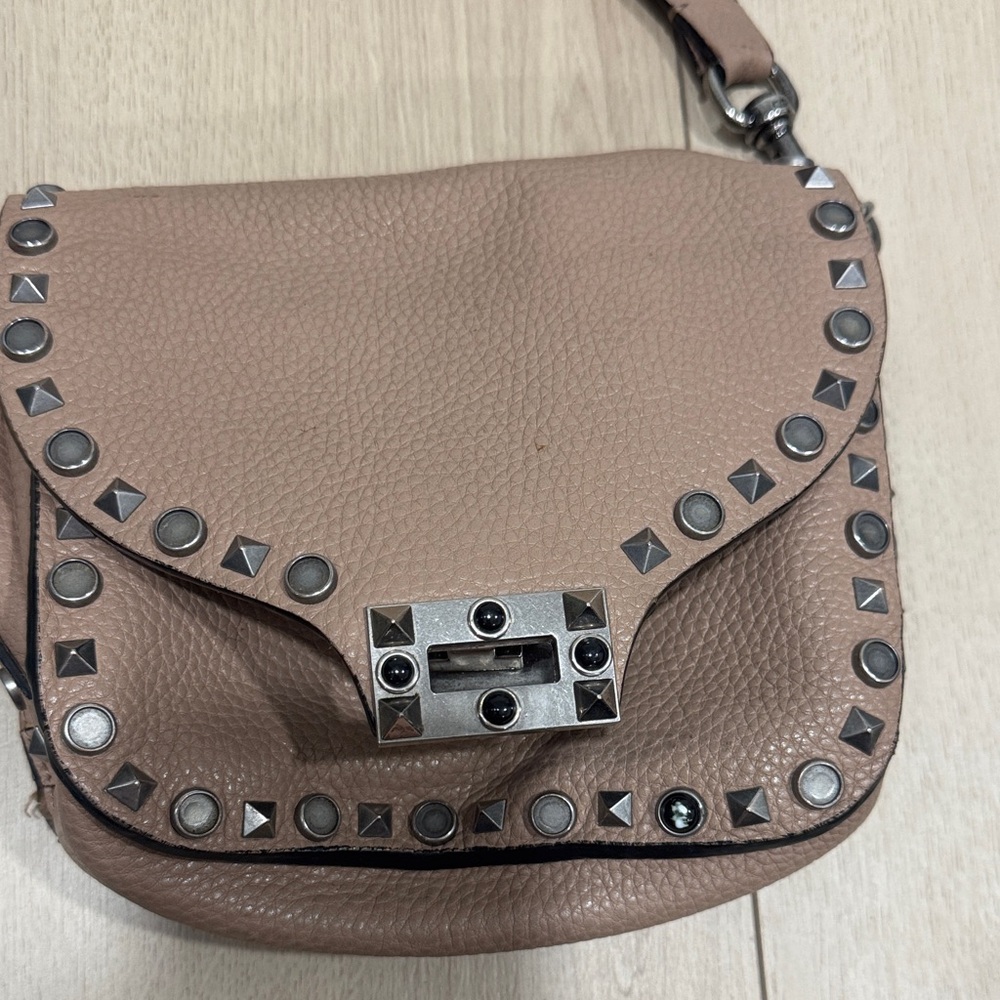 VALENTINO Studded Taupe Crossbody Bag with Patterned Strap Purse Damaged - Picture 4 of 15